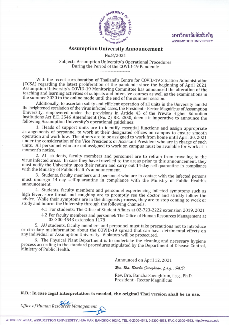 Assumption University’s Operational Procedures During the Period of the COVID-19 Pandemic